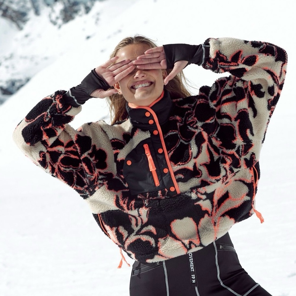 Free People Hit The Slopes Pullover Fleece Jacket Small Magnolia Floral Print